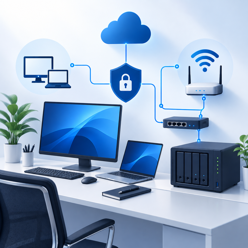 Poste de travail professionnel avec réseau, Wi-Fi, sécurité et sauvegarde NAS